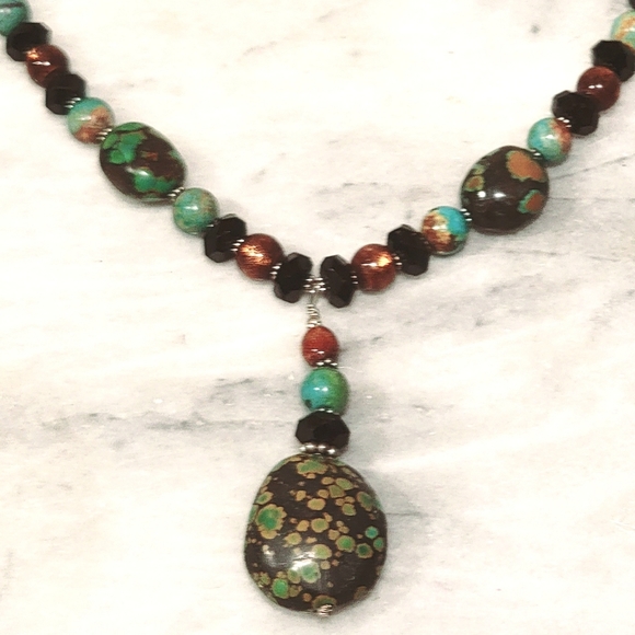 Turquoise Golden Coral Onyx Sterling Pendant Necklace 925 21" Holiday Gift - Picture 2 of 6